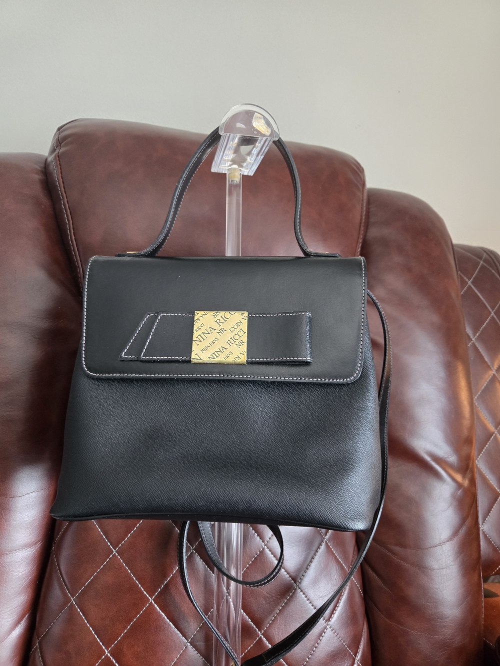 Black Leather Top-Handle Bag with Gold Plaque